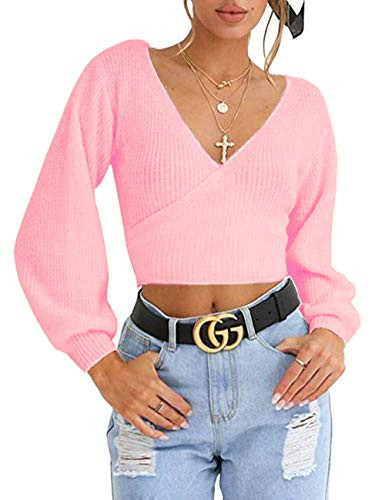 Womens Knitted Deep V-Neck Long Sleeve Wrap Front Loose Sweater Pullover Jumper Tops Pink S