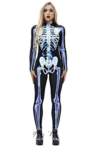Selowin Womens 3D Skeleton Bones Zipper Back Halloween Costume Body Suit White L