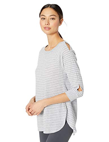 Calvin Klein Women s Westside Stripe Curved Hem Pullover  Pearl Grey Heather Combo  Large