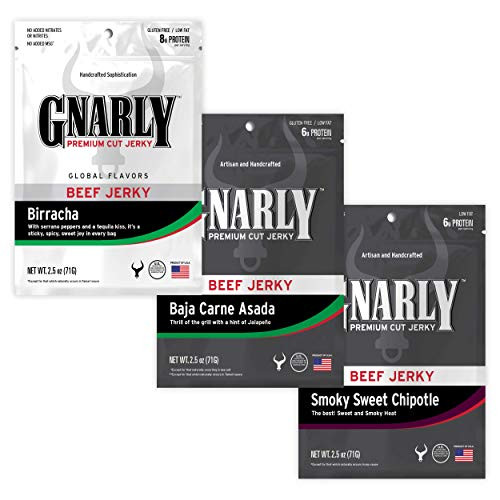 GNARLY Jerky Premium Cut Beef Jerky Birracha Baja Carne Asada and Smoky Sweet Chipotle Flavors 2-5 Ounce Bag 3-Pack GNARLY Jerky Premium Cut Beef Jerky Birracha Baja Carne Asada and Smoky Sweet Chipotle Flavors 2-5 Ounce Bag 3-Pack