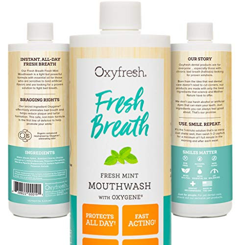 Oxyfresh Fresh Breath Fresh Mint Mouthwash Dentist Recommended for Long-Lasting Fresh Breath Healthy Gums Alcohol Fluoride Free 3-16 oz Bottles Oxyfresh Fresh Breath Fresh Mint Mouthwash Dentist Recommended for Long-Lasting Fresh Breath Healthy Gums Alcohol Fluoride Free 3-16 oz Bottles