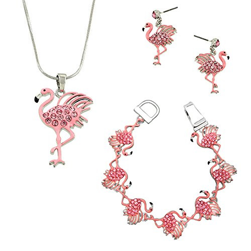 Lola Bella Gifts Crystal Pink Flamingo Necklace Earrings and Bracelet Set w Gift Box