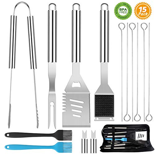 BBQ Grill Accessories Tools Set 15Pcs Heavy Duty Stainless Steel Barbecue Grill Accessories Grilling Utensil Tool Set for Outdoor Cooking Camping Best Grill Kit Gifts for Men  Women  Dad on Birthday