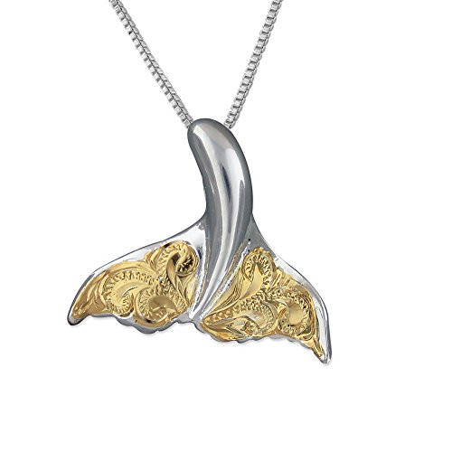 Sterling Silver with Yellow Gold Tone Accents Engraved Whale Tail Pendant Necklace  162  Extender