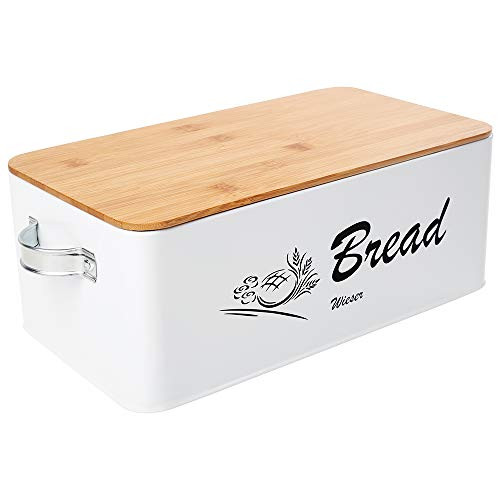 Bread Bin with Handles - Reinforced Stainless Steel Bread Box for Kitchen Countertop - Bread Storage with Bamboo Cutting Board Lid - Space Saving Bread Holder for Kitchen Counter