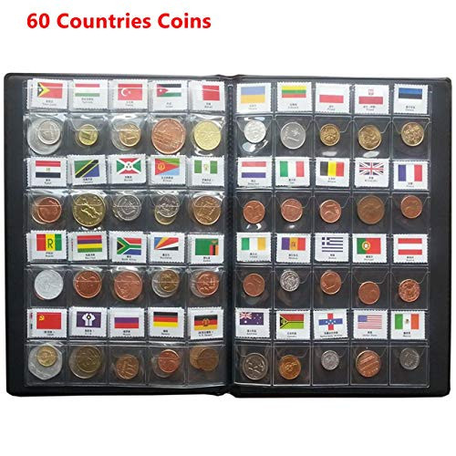 Coin Collection Starter Kit 60 Countries Coins-100  Original Genuine-World Coin with Leather Collecting Album Taged by Country Name and Flags-Coin Holder Collection Storage Classic Gifts