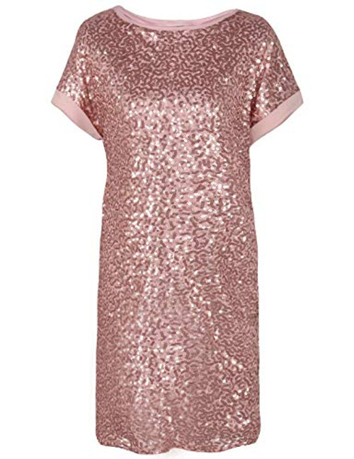 PrettyGuide Women s Sequin Cocktail Dress Loose Glitter Short Sleeve Party Tunic Dress S Rose Gold