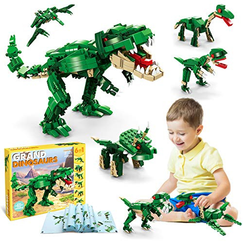 Dinosaurs Building Blocks STEM 6-in-1 Dino Toy Sets Build a T-Rex  Velociraptor  Apatosaurus  Pterodactyl  Triceratops  Ankylosaurus By Yourself Grand Dinosaurs for 8-12 Year Old Boys   Girls Gifts