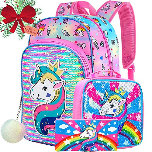 4PCS Unicorn Backpack for Girls  16  Sequin Bookbag and Lunch Box