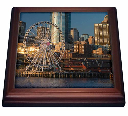 3dRose trv2090261 USA  Washington  Seattle- Seattle Great Wheel at Pier 57 in evening--Trivet with Ceramic Tile  8  x 8   Brown