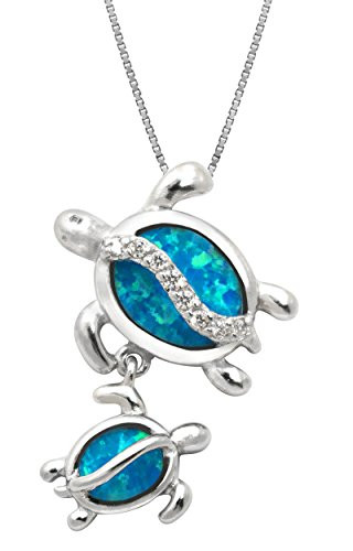 Honolulu Jewelry Company Sterling Silver Mom and Baby Turtle CZ Necklace Pendant with Simulated Blue Opal and 18  Box Chain