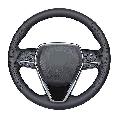 DIY Sew Black Microfiber Leather Car Steering Wheel Cover for 2018 2019 Toyota Camry - 2019 2020 Avalon - 2020 Corolla - 2019 RAV4 Black Thread