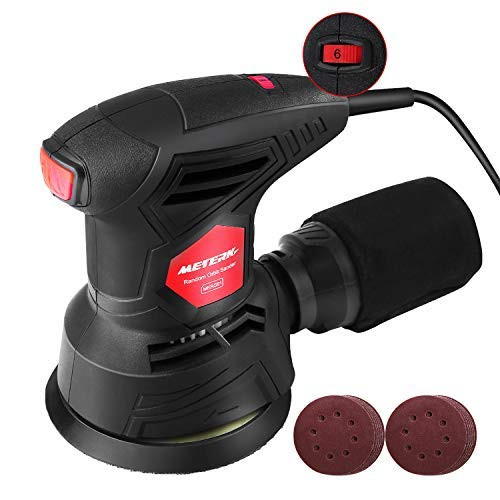 Meterk 5 Inch Random Orbit Sander Machine 2-5A Electric Hand Sander with 12Pcs Sandpapers  12000RPM  6 Variable Speed  Efficient Dust Collector Bag  Ideal for Finishing  Sanding  Polishing Wood