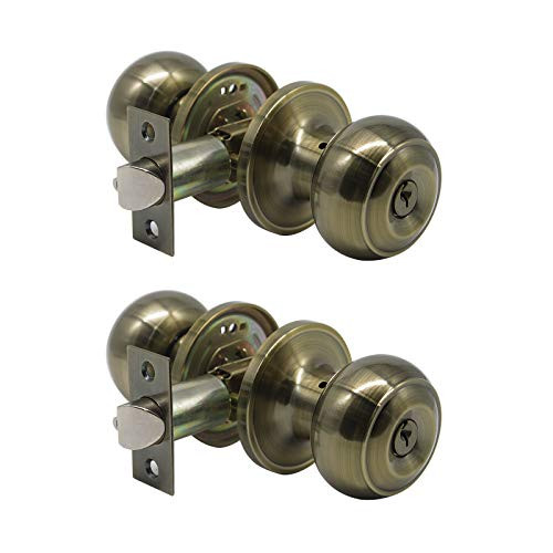 Probrico Entrance Door Knobs Door Lock Keyed Alike Lockset Antique Brass Same Key Round Ball Entry Door Knobs Pack of 2