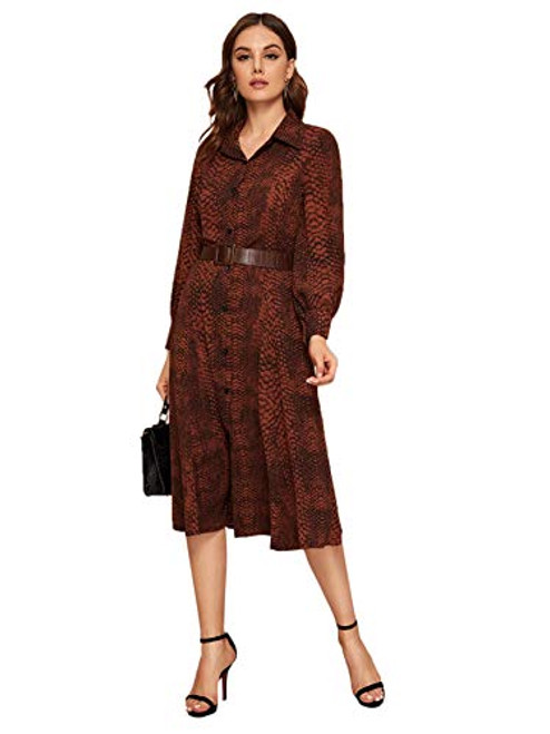 Milumia Women s Snakeskin Print Collar Long Sleeve Button Front Belted Long Shirt Dress Brown Medium