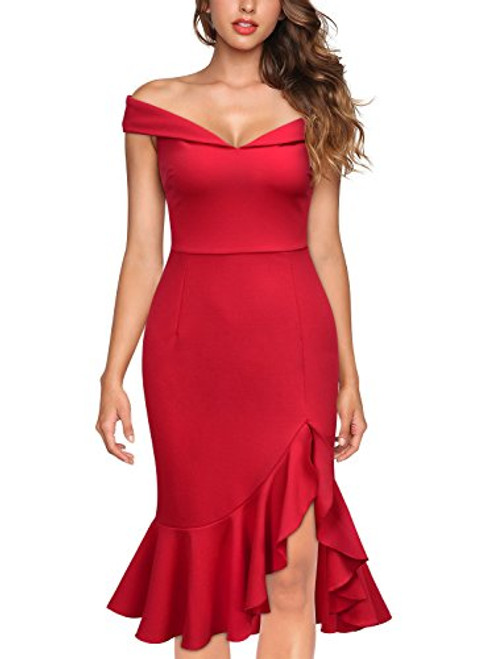 Knitee Women s Vintage Off Shoulder V-Neck Evening Party Cocktail Ruffles Slit Formal Dress Red