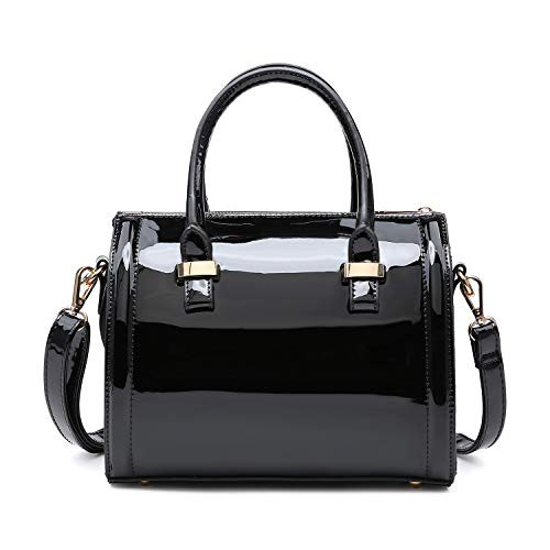 Shiny Patent Faux Leather Handbags Barrel Top Handle Purse Satchel Bag Shoulder Bag for WomenBlack