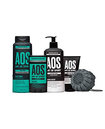 Art of Sport Victory Bestsellers Kit  5pc Mens Daily Essential Body Care Gift Set with Aluminum-Free Deodorant  Charcoal Body Wash  Body Lotion  Charcoal Face Wash and Shower Scrub Tool  Paraben Free