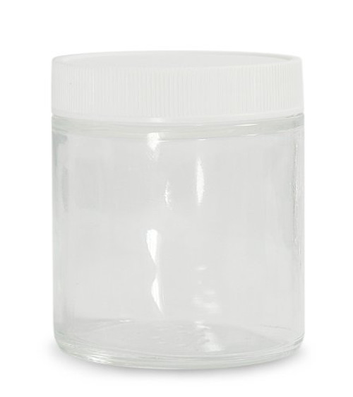 Qorpak GLC-05649 Glass Straight Sided Jar with 89-400 White Polypropylene SturdeeSeal Polyethylene Foam Lined Cap  Round  Clear  16oz Capacity  91mm OD x 96mm Height Case of 12