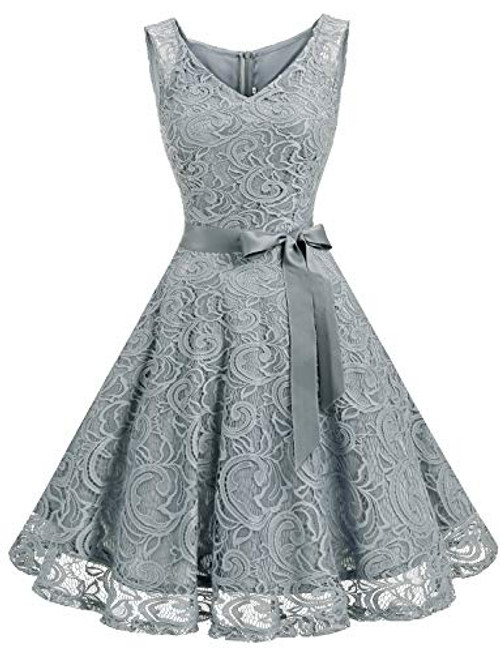 Dressystar 0010 Women Floral Lace Bridesmaid Party Dress Short Prom Dress V Neck Grey XS