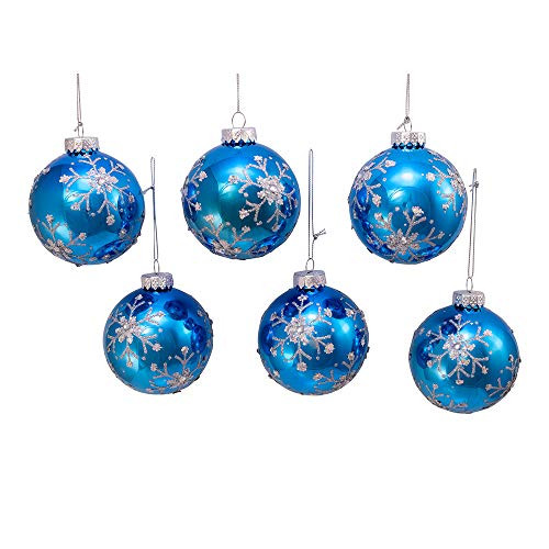 Kurt S- Adler Kurt Adler 80MM Blue and Silver Glitter Snowflake Glass Ball  6 Piece Box Ornament