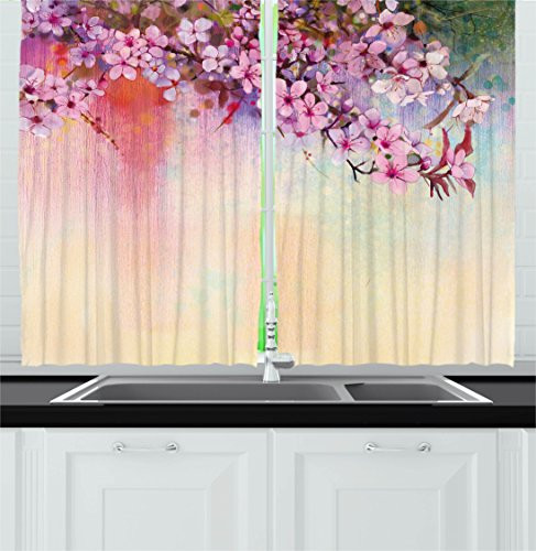 Ambesonne Flower Kitchen Curtains  Temperate Zone Branch Mass Wisteria Pollen Eastern Oriental Cultivar Artwork  Window Drapes 2 Panel Set for Kitchen Cafe Decor  55  X 39   Coral Pink