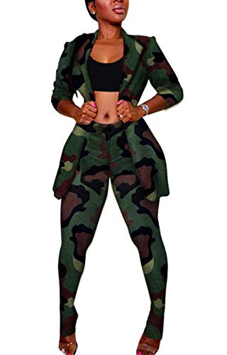 Famnbro Womens 2 Piece Club Outfits Camouflage Print Lapels Blazer  High Waist Pants Set