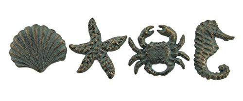 Set of 4 Green Cast Iron Coastal Drawer Pull Nautical Cabinet Verdigris Accent Sea Knobs Beach House Decor