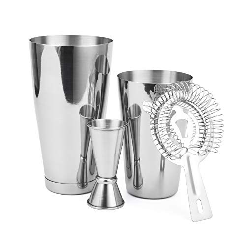 Boston Shaker 4 Piece Cocktail Making Set: 18oz Unweighted & 28oz Weighted Professional Bartender Cocktail Shaker Set with Double Jigger and Hawthorne Strainer/Cocktail Recipe Booklet Boston Shaker 4 Piece Cocktail Making Set: 18oz Unweighted & 28oz Weighted Professional Bartender Cocktail Shaker Set with Double Jigger and Hawthorne Strainer/Cocktail Recipe Booklet