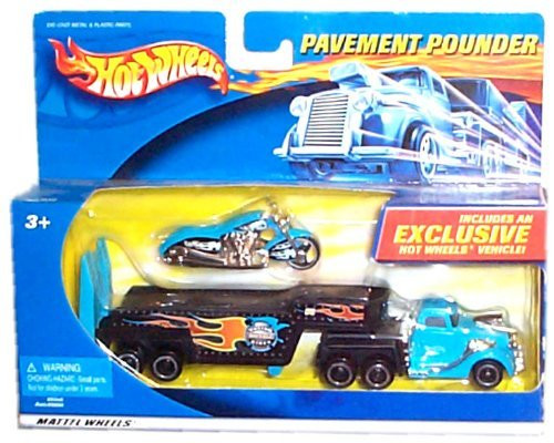 Hot Wheels - Pavement Pounder Replica Transport Tractor-Trailer Rig and Motorcycle