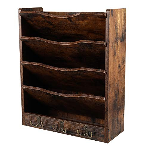 PAG 5-Tier Wall File Holder Hanging Mail Organizer Wood Magazine Literature Rack with 6 Hooks  Retro Brown