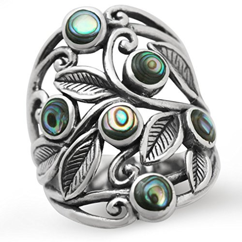 Silvershake Abalone Paua Shell 925 Sterling Silver Filigree Leaf Ring Size 7-5