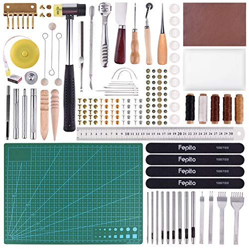 FEPITO 58 Pcs Leather Craft Tools DIY Leather Sewing Tools for Hand Sewing Stitching Leather Craft DIY Tool