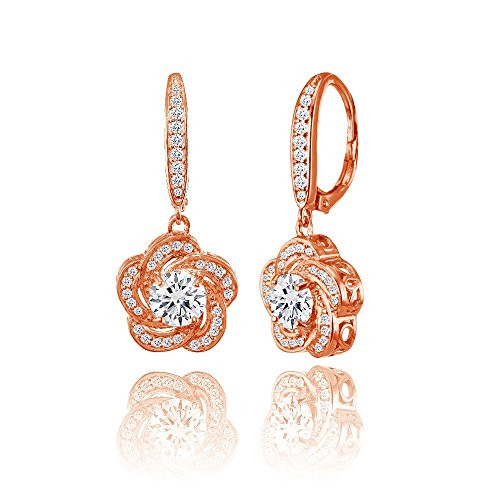 Rose Gold Flashed Sterling Silver Cubic Zirconia Flower Swirl Dangle Leverback Earrings