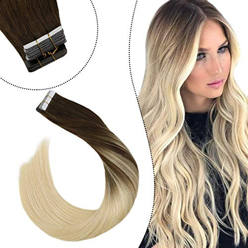 Ugeat Remy Hair Tape in Extensions 14 inch Natural Hair Tape in Extensions 50g 20pcs Blonde Tape in Extensions Human Hair Balayage  4 Brown Mixed with  60 Blonde Tape in Hair Extensions