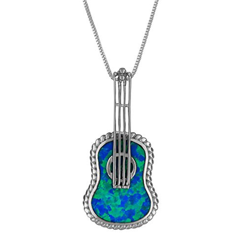 Sterling Silver Synthetic Blue Opal Ukulele Pendant Necklace  162  Extender