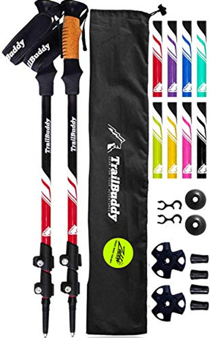 TrailBuddy Lightweight Trekking Poles - 2-pc Pack Adjustable Hiking or Walking Sticks - Strong Aircraft Aluminum - Quick Adjust Flip-Lock - Cork Grip  Padded Strap Beetle Red