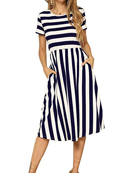 levaca Women s Short Sleeve Striped Swing Pockets Modest Midi Dress Deepblue L