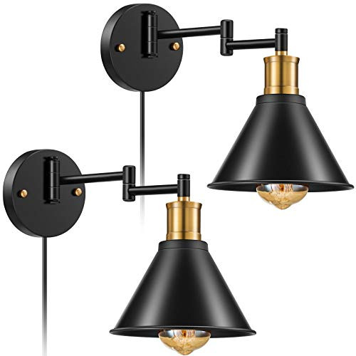 Black Industria Wall Sconce Plug in  Licperron Vintage Antique Style 240 Degree Adjustable Farmhouse Style Wall Light with Plug in Cord  Bathroom Vanity Bedroom Kitchen Bar Wall Sconce 2 Pack