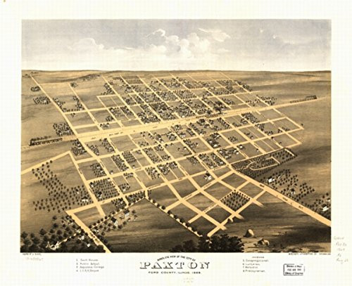 1869 Birds Eye City of Paxton  Illinois Birds Eye View of The City of Pax- 20  x 24  Map - Frame Ready