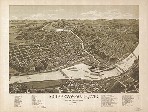 INFINITE PHOTOGRAPHS 1886 Chippewa Falls Wisconsin  Bird s Eye Map Chippewa Falls  WIS  County seat