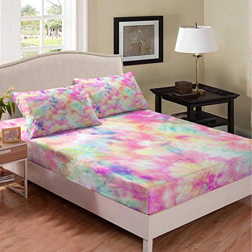 Erosebridal Kids Tie Dye Pink Sheet Set Batik Bedding Set for Children Boys Girls Women Watercolor Psychedelic Bed Cover Ultra Soft Bedclothes TwinXL Size 1 Fitted Sheet with 1 Pillow Case