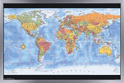 Trends International Map - World Time Zones Wall Poster  14-725  x 22-375   Silver Framed Version