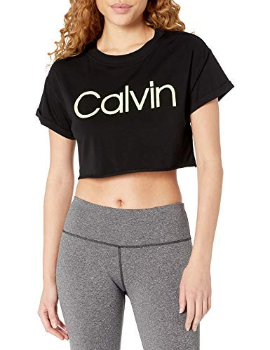 Calvin Klein Women s Calvin Logo Short Sleeve Rolled Cuff Crop Tee  Black Lime Volt Combo  Large