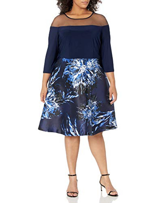 R M Richards Women s Plus Size Womans Printed Party Dress with Sheer Shoulder   Navy   22W