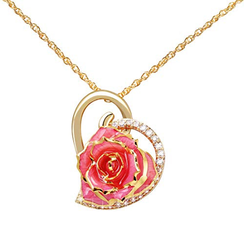 ZJchao 24K Women Pink Gold Rose Pendant Necklace Gift for Her Plated Rhinestone Heart Shaped Present for Wife Girlfriend Valentine s Day Great Anniversary Birthday Wedding ZJchao 24K Women Pink Gold Rose Pendant Necklace Gift for Her Plated Rhinestone Heart Shaped Present for Wife Girlfriend Valentine s Day Great Anniversary Birthday Wedding