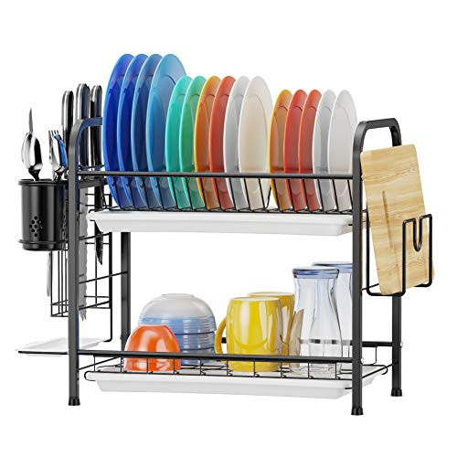 Dish Drying Rack 2-Tier 304 Stainless Steel Dish Rack with Utensil Holder Cutting Board Holder and Dish Drainer for Kitchen Counter Dish Dryer Black Dish Drying Rack 2-Tier 304 Stainless Steel Dish Rack with Utensil Holder Cutting Board Holder and Dish Drainer for Kitchen Counter Dish Dryer Black