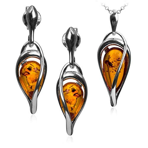Sterling Silver Amber Drop Dangle Earrings and Chain Pendant Necklace Jewelry Set 18 Inches Sterling Silver Amber Drop Dangle Earrings and Chain Pendant Necklace Jewelry Set 18 Inches