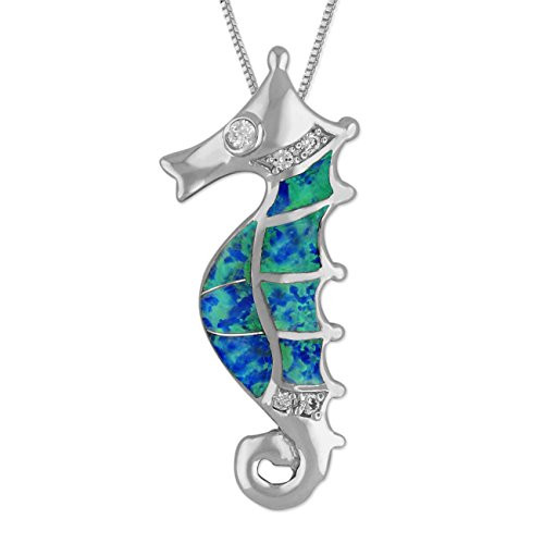 Sterling Silver Synthetic Blue Opal Seahorse Pendant Necklace  162  Extender