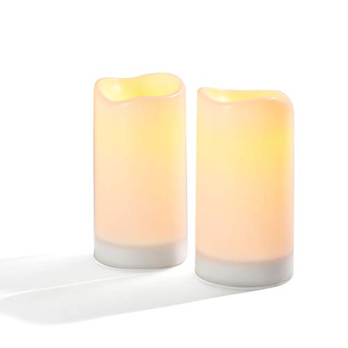 Large Outdoor Solar Candles - 4x8 Flameless Pillar Candle Set  White Resin  Flickering LED Light  Dusk to Dawn Timer  Rechargeable Solar Battery Included  Waterproof for Patio Decor - 2 Pack